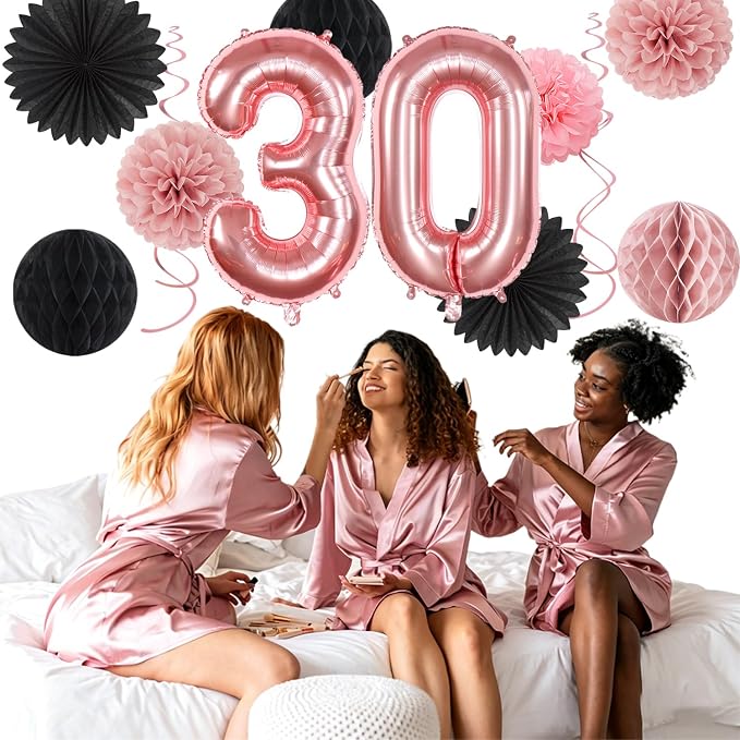 Rose-Gold Pink Black Women 30th Happy Birthday Party Decorations Hugmoon | 21pcs Kit 30th Balloon,Cute Girl Banner,Streamers,Tissue Paper Pom Poms Flowers Fans,Birthday Garlands Decor Backdrop