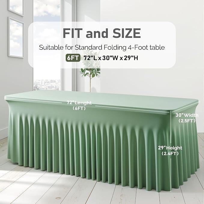 1 Pack Sage Green Spandex Tableclothes for 6 Foot Rectangle Tables, Wrinkle Free 6ft Fitted Table Cover Stretch Table Cloth Desk Skirt for Weddings Baby Shower Birthday Party Banquet Decorations