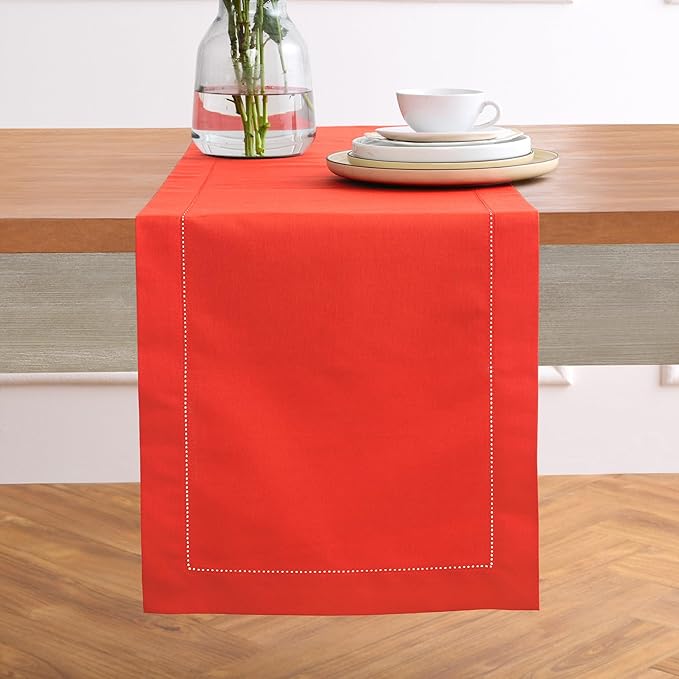 Solino Home Table Runner 108 Inches Long - Cotton Linen Hemstitch Poppy Red Table Runner 14 x 108 Inch for Mothers Day, Memorial Day