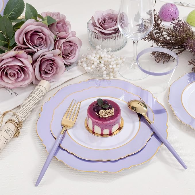 WDF 60pcs Purple Plates Disposable with Gold Rim - Baroque Light Purple Plastic Plates - Lavender Plates for Spring/Wedding/Birthday/Mother's Day