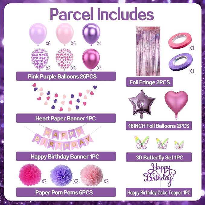 Purple Pink Birthday Decorations Balloons Pink Purple Happy Birthday Banner Cake Topper Fringe Curtain Paper Pom Poms Butterfly Sticker Metallic Hot Pink Heart Star Foil Princess Party Girls Women
