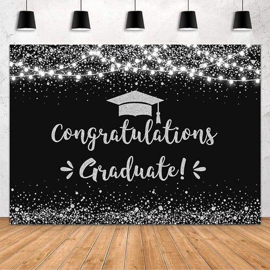 MEHOFOND 10x7ft Congratulation Graduate Backdrop Class of 2026 Graduation Party Decorations Background Black Silver Congrats Grad Decor Banner Photography Background Studio Photo Booth Props