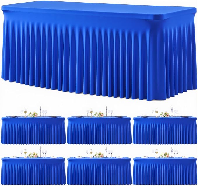 6 Pack Royal Blue Table Cloth for 8 Foot Rectangle Tables Spandex Fitted Tablecloth 8ft Stretch Table Covers Skirt Blue Banquet Tablecloths Wrinkle Free Tablecloth for Party Wedding Birthday Event