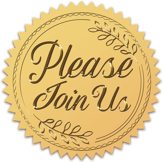 CRASPIRE 2" Gold Foil Sticker Please Join Us 100pcs Certificate Seals Gold Embossed Round Embossed Foil Seal Stickers for Envelopes Invitation Card Diplomas Awards Graduation Celebration