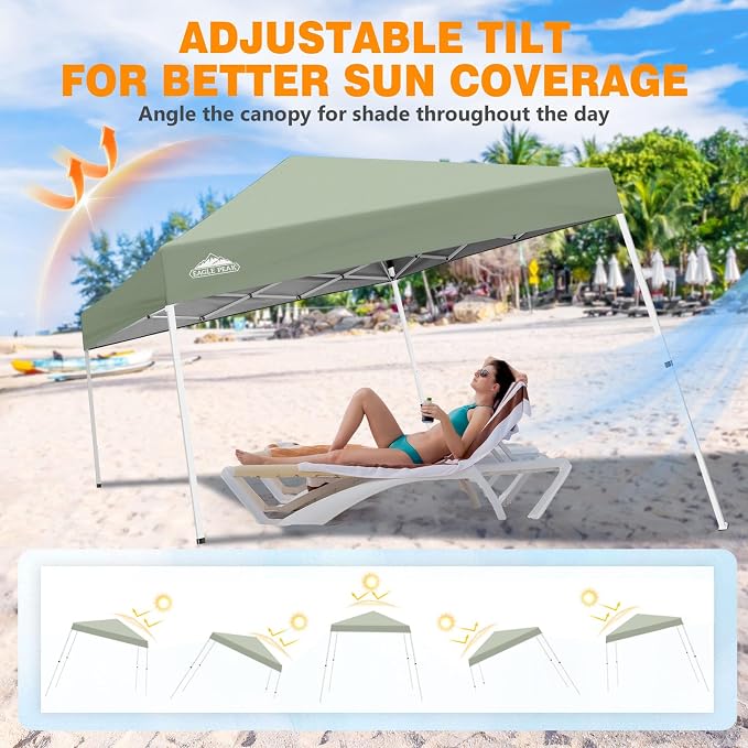 EAGLE PEAK 10x10 Slant Leg Pop-up Canopy Tent Easy One Person Setup Instant Outdoor Beach Canopy Folding Portable Sports Shelter 10x10 Base 8x8 Top (Sage Green)