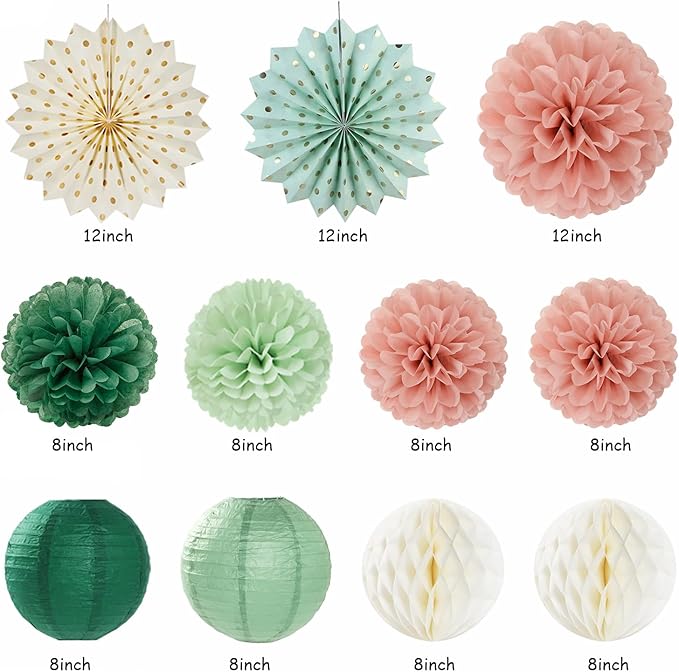 Sage-Green Pink-Gold Boho-Rustic Birthday Party-Decorations - 21pcs Happy Banner,Olive Retro Beige Paper Lanterns Pom Poms,Neutral Streamers Garland,Women Girls Decor Supplies Huglony