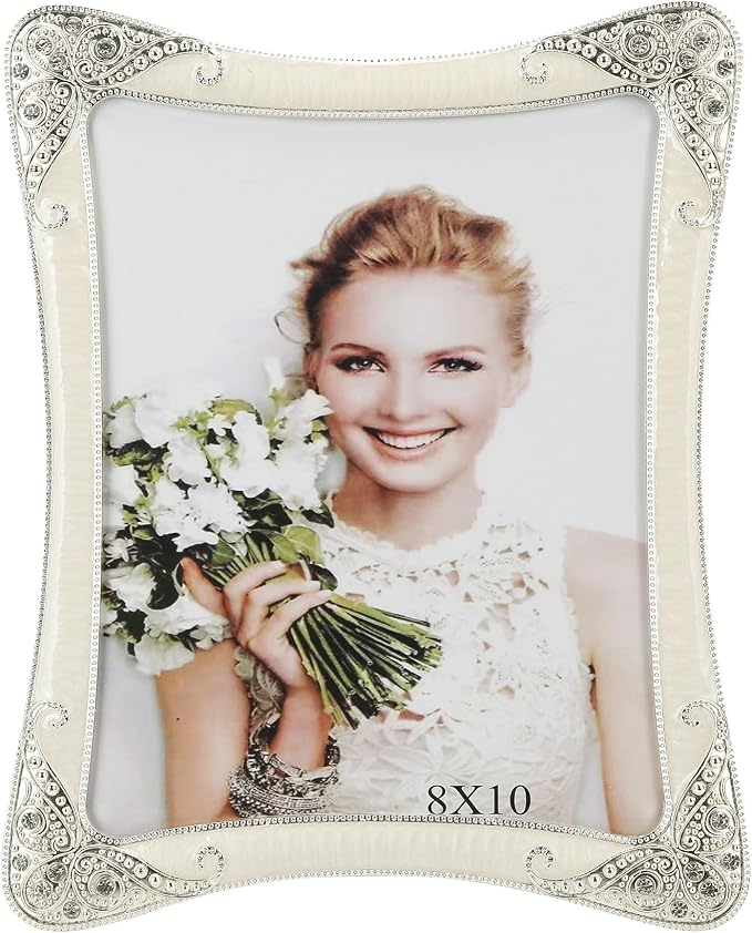 8x10 Vintage Metal White Picture Frame Silver Border Floral Fancy Antique Photo Frame Ornate Gold Frame Tabletop or Wall Art Display, Clear HD Glass Front, Wedding Frame Gifts for Couples Women