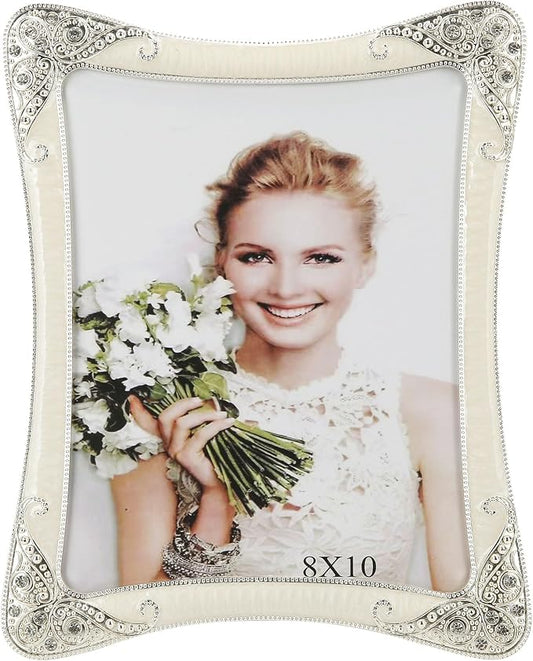 8x10 Vintage Metal White Picture Frame Silver Border Floral Fancy Antique Photo Frame Ornate Gold Frame Tabletop or Wall Art Display, Clear HD Glass Front, Wedding Frame Gifts for Couples Women