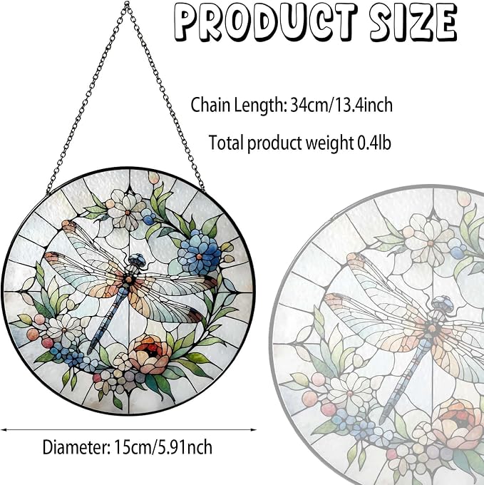 Dragonfly Sun Catcher 6.3‘’ Dragonfly Gifts for Women Stained Glass Window Hanging Sun Catchers Indoor Window Wall Decor Handmade SunCatcher Decoration for Garden Home Housewarming Gifts