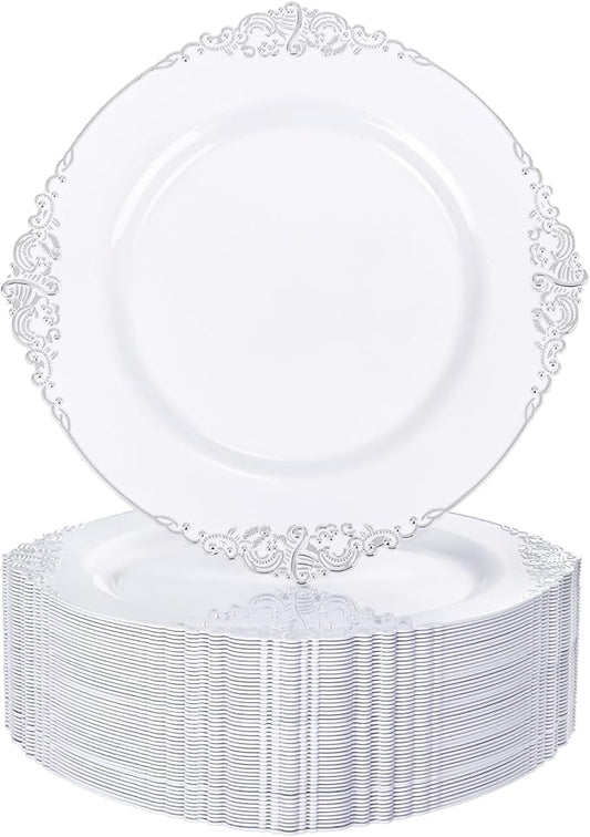 Nervure 100PCS White and Silver Plastic Plates - 10.25Inch Silver Disposable Plates - Heavyweight Dinner Plates for Wedding & Party