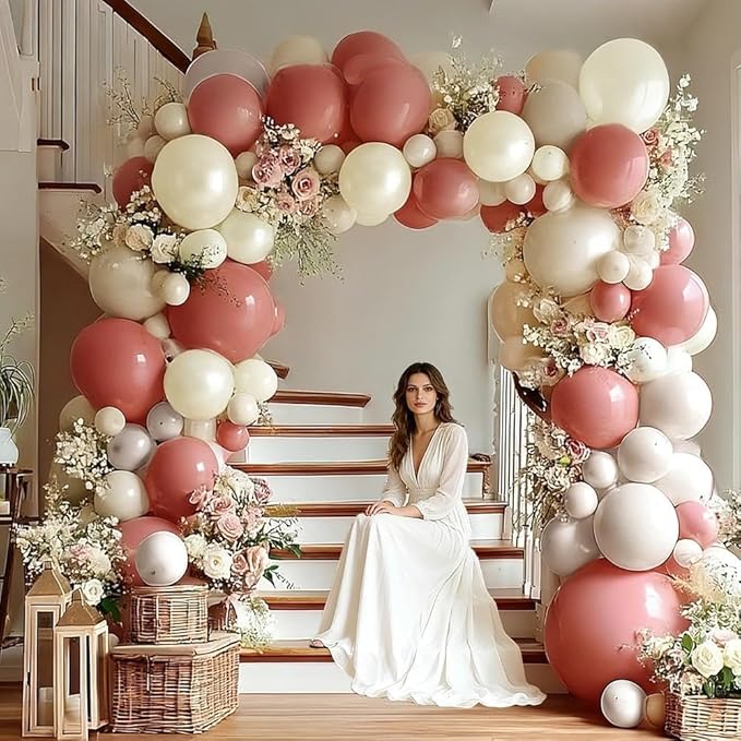 Dusty Pink Cream White Balloon Garland, Double Stuffed Rose Pink Sand White Pearl Balloon Arch Kit for Boho Bridal Shower Wedding Baby Shower Birthday Mother's Day Party Decorations