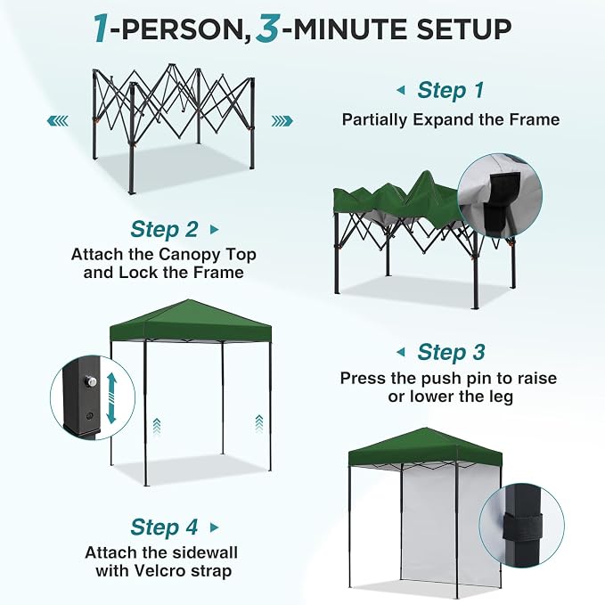 EAGLE PEAK 6x4 Instant Pop Up Canopy Tent with 1 Side Wall Panel, Straight Leg Sun Shelter, Portable Canopy with Carry Bag for Camping, Beach & Sports, Green