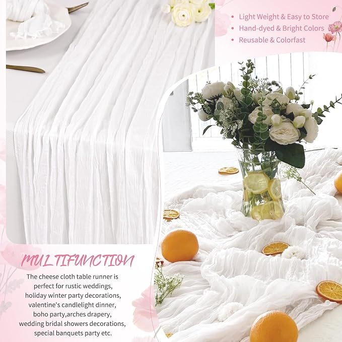 18 Pack White Cheesecloth Table Runner 17 x 108 inch Boho Gauze Table Runner Rustic Sheer Cheese Cloth Table Decorations for Wedding Party Baby Bridal Shower Birthday Holiday Home