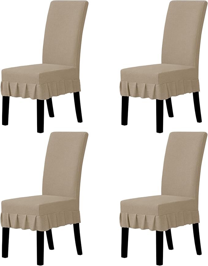 Easy-Going Dining Chair Covers Stretch Parsons Chair Slipcover with Skirt Chair Covers for Dining Room Restaurant Banquet (4 PCS, Khaki)