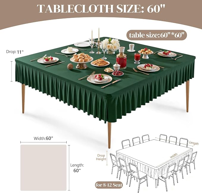 Wish Care Hunter Green Spandex Tablecloths for 60x60 Inch Square Tables, Stretch Fitted Table Clothes with Pleated Ruffle Skirt for 60” Table, Wrinkle Free and Elastic, for Party Kitchen Home Dining
