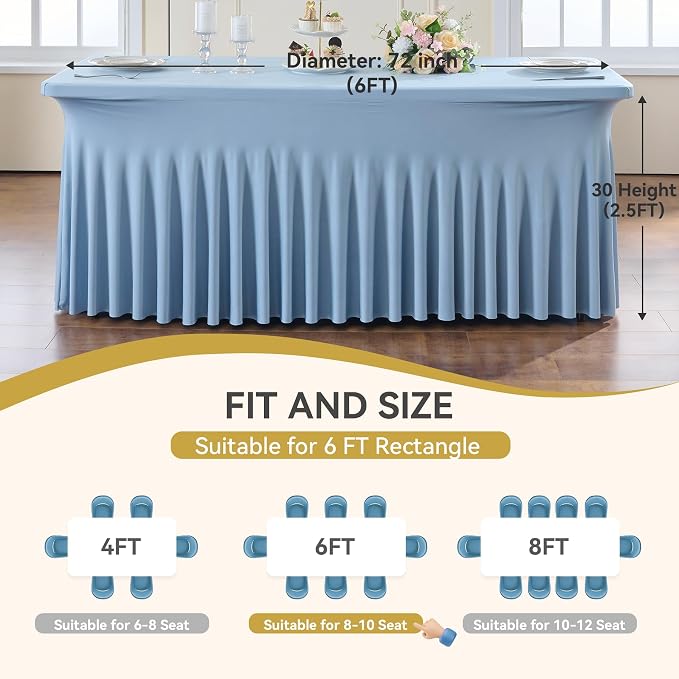 Outpain Dusty Blue Spandex Table Clothes for 6 Foot Rectangle Tables-4Pack 6FT Spandex Fitted Table Cover, Wrinkle Free Tablecloths with Skirt for Parties, Wedding, Birthday, Banquet, Festival