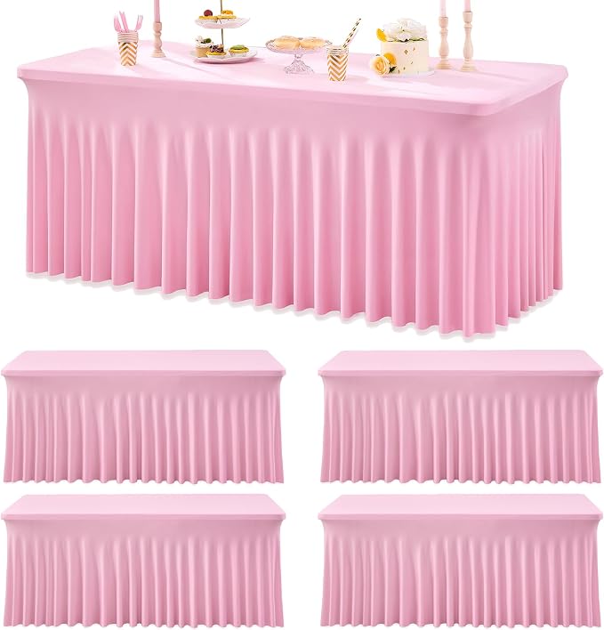 4pk Spandex Tablecloths for 6 Foot Rectangle Tables, Pink Stretch Table Cloth 6ft Fitted Table Cover Desk Skirt for Parties Weddings Birthday Banquet Baby Shower