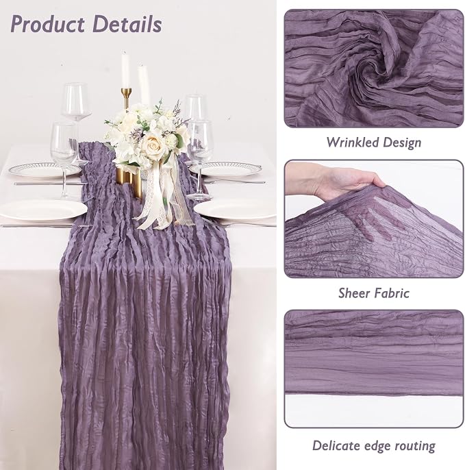 8 Pack Dusty Purple Cheesecloth Table Runner 120 Inch 10FT Gauze Cheese Cloth for Birthday Party, Banquet, Theme Party, Wedding Decoration