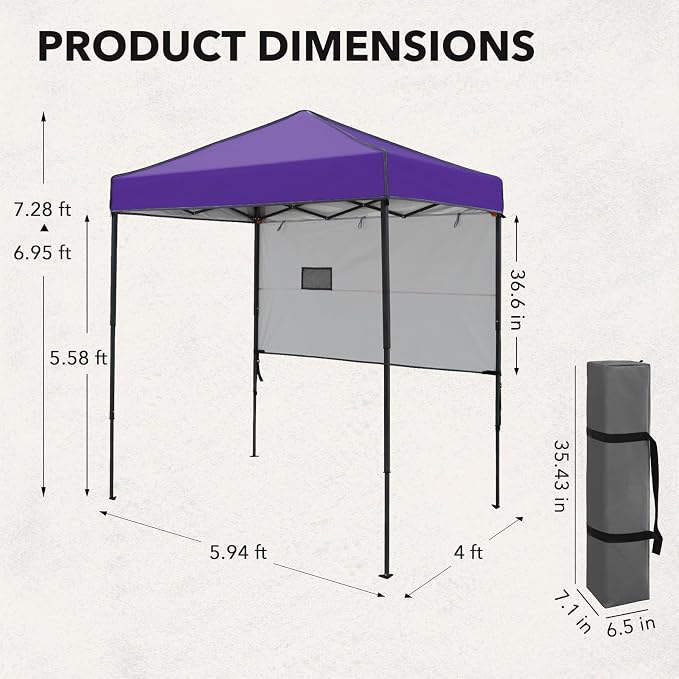 6x4 Pop Up Canopy Tent with Half Wall Panel, Instant Portable Beach Canopy, Outdoor Tent with Carry Bag for Camping, Sports, Tailgating, Events, Purple