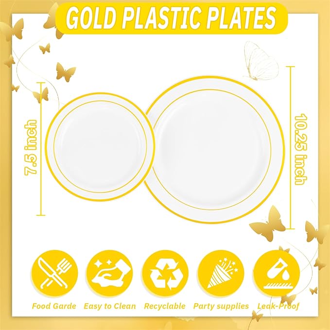 WDF 120 pieces Gold Disposable Plastic Plates - White and Gold Plates Include 10.25" Dinner Plate & 7.5" Salad Plate for Mother's Day Party Baby Shower Wedding Spring