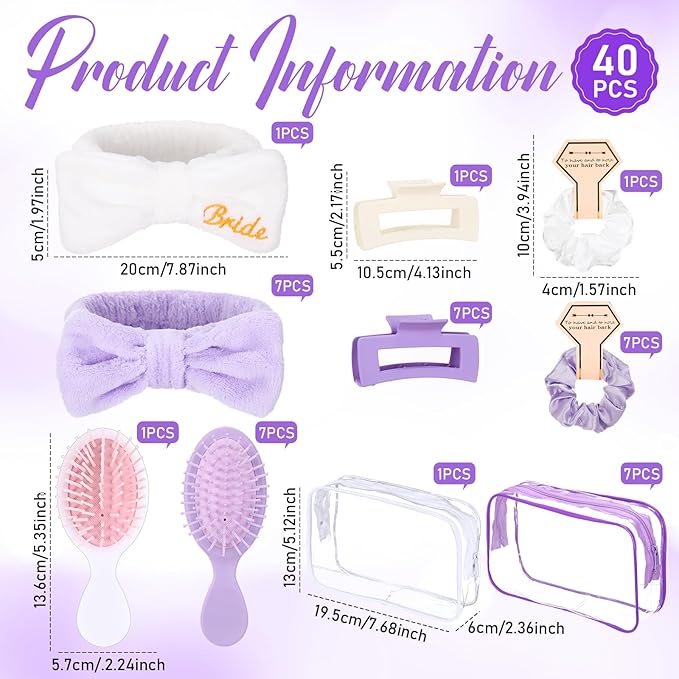 40 Pcs Bachelorette Favor Set Include Headband Scrunchies Hair Claw Clips Hairbrush and Makeup Bag for Bridal Shower Party Gifts Bridesmaid Wedding Supplies(White and Purple)