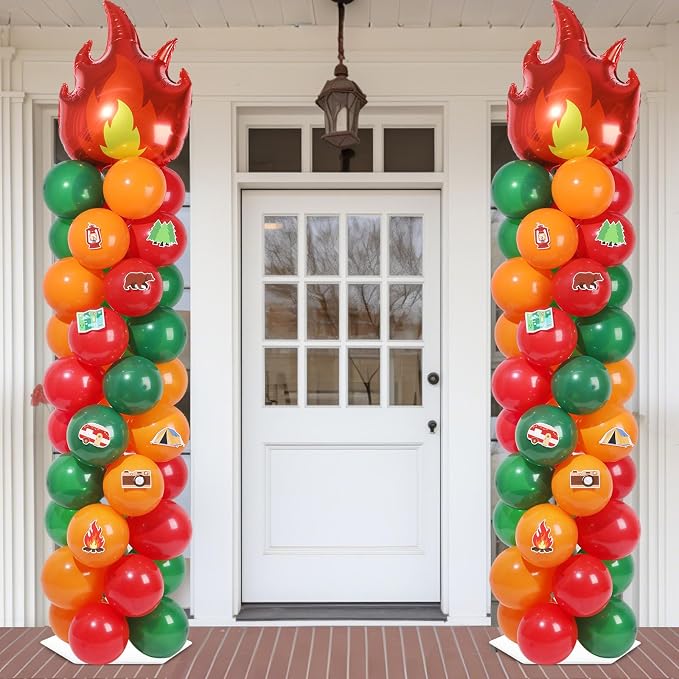2 Sets Vbs Camping Balloon Column Stand Kit With 102 Camping Balloons Campfire Foil 5.57ft Adjustable Balloon Tower Stand With Bases Adjustable Arch Column for 2026 School Camp Party Birthday Supplies