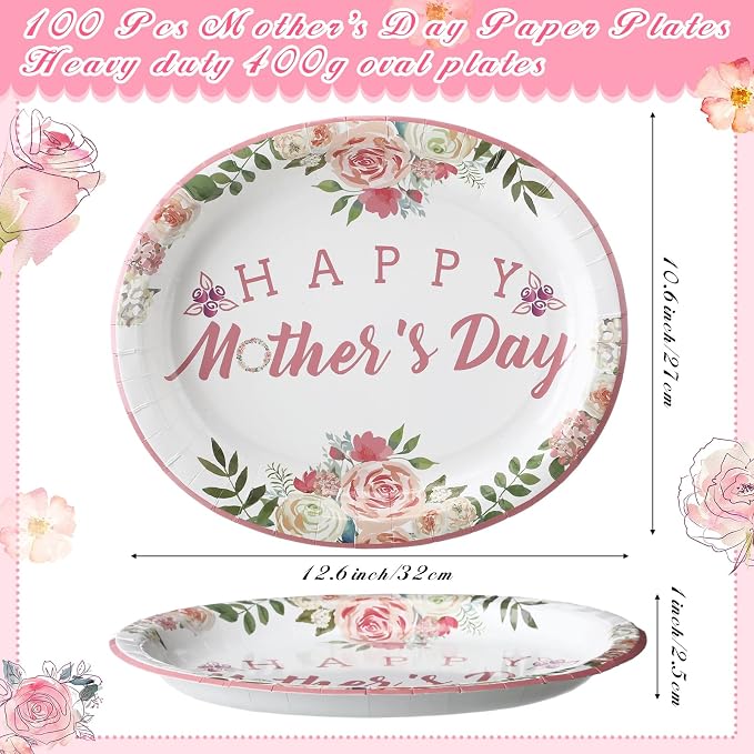 Jenaai 100 Pcs Mothers Day Oval Paper Plates Mothers Day Party Decorations 12.6" x 10.6" Happy Mother's Paper Plates Heavy Duty Plate Floral Disposable Tableware Set for Mother's Party Supplies