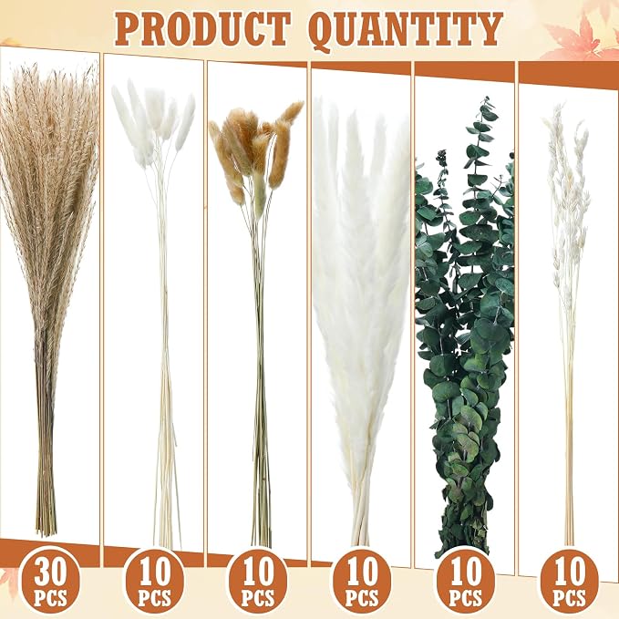 Qinyoung 10 Set Dried Pampas Grass Centerpiece for Wedding Baby Shower Party 10 Glass Flower Jars 10 Artificial Roses 80 Dried Pampas Grass with Rope for Rustic Bridal Farmhouse Decoration (Orange)