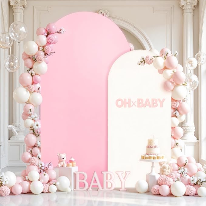 Pink White Arch Cover 7.2FT 6FT Wedding Arch Backdrop Covers Set of 2 Stretchy Spandex Balloon Arch Backdrop for Baby Shower Birthday Bridal Shower Gender Reveal Party Decor Banquet Photo Background
