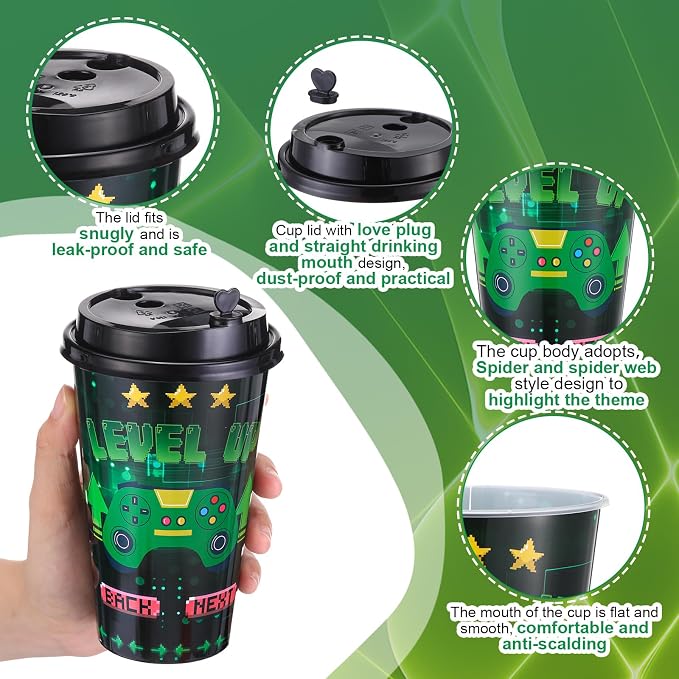 Maxcheck 24 Sets 16 oz Game Controller Party Favors Goodie Cups with Colorful Lids and Straws for Birthday Decorations Reusable Plastic Candy Cups Bulk Plastic Straws for Birthday Party Celebration