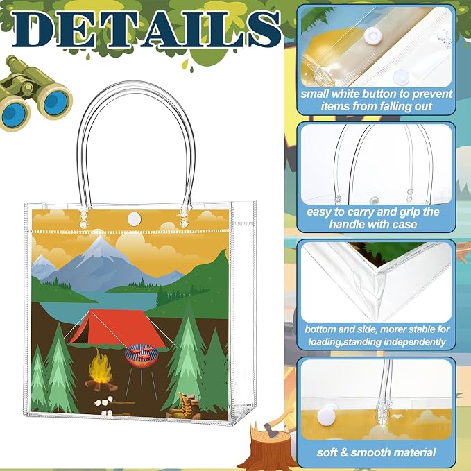 Teenyyou 24 Pcs Camping Theme Clear Gift Bags with Handles Outdoor Adventure Transparent Tote Bags Reusable PVC Gift Container for Camping Theme Party, Bridal Shower, Birthday Party Favors