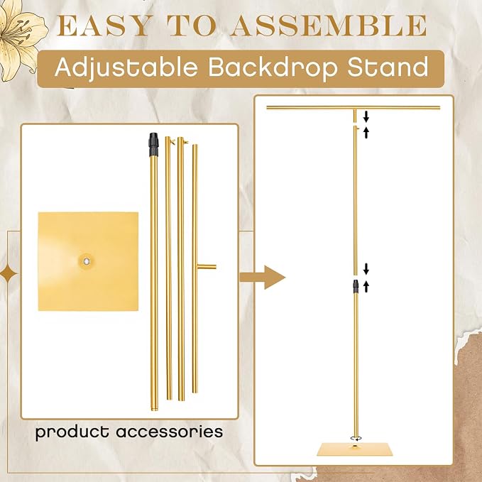 Novabright 2pcs Adjustable Backdrop Stand, 3.2FT to 8FT Heavy Duty Metal Background Frame with Stable Base, Gold Stand for Wedding, Birthday, Photo Booth, Events Decorations