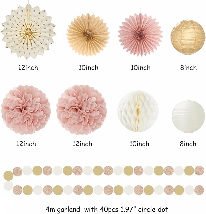 Pink Rose-Gold Champagne-Beige Birthday Party-Decorations - 19pcs Boho Rustic Streamers Banner,Paper Star Garland Lanterns Honeycomb Fan,Tissue Pom Poms,Wall Ceiling Backdrop Supplies Ouruola