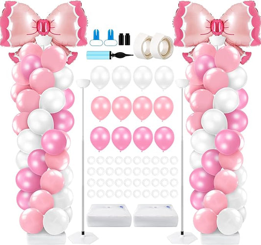 Kasyat 2 Sets Pink Bow Balloon Column Stand Kit with 2 Pink Bow Foil Balloons 100 Latex Balloons, Adjustable Stands Pink and White Balloon Garland Arch for Bridal Princess Birthday Coquette Party