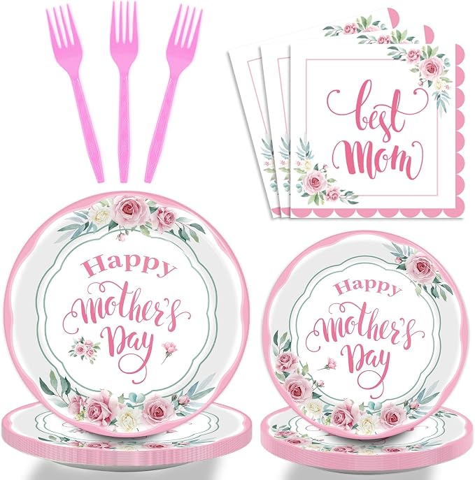 chiazllta 96 Pcs Happy Mother's Day Party Paper Plate and Napkins Set - 24 Guests, Pink, Spring Floral Design, Serves 24, Best Mom Ever Theme
