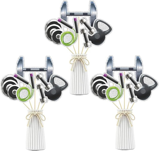 Set of 15,Gym Theme Centerpiece Sticks,Weight Lifting Motion Table Toppers,Biceps Dumbbells Kettlebells Bodybuilding Cupcake Picks,Fitness Themed Birthday Party Decorations