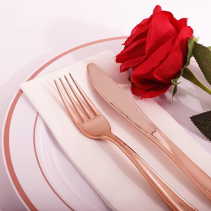 WDF 300 Pieces Rose Gold Plastic Silverware- Disposable Flatware Set - Heavy Duty Plastic Cutlery Includes 100 Forks, 100 Spoons, 100 Knives Perfect for Wedding/Party/Birthday/Mother's Day
