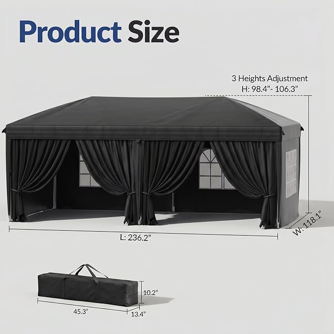 10x20 Pop Up Canopy with Sidewalls, Instant Tent with Carry Bag, Sandbags, Height Adjustable Waterproof Outdoor Canopy, Outdoor Canopy for Events, Camping, Parties (Black)