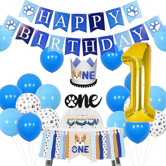 Cheereveal First Birthday Decorations for Boy Dog Theme Party Blue, Puppy Themed 1st Birthday Party Decor, Dog Theme Birthday Party Supplies with Dog 1st High Chair Banner, Hat, Cake Topper