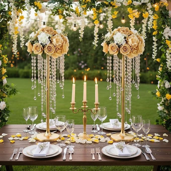 Bigsee 10 Pcs 21.65 inches Crystal Flower Stand Wedding Centerpieces for Tables, Tabletop Gold Metal Flower Arrangement Holder, Elegant Bulk Metal Vases for Reception Party Ceremony Decoration