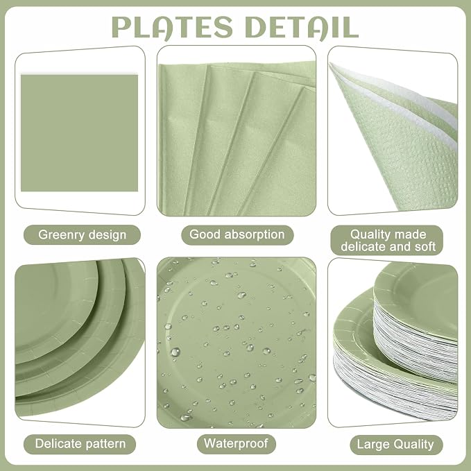 Funnymoom 452 Pcs Sage Green Party Supplies for 50, Sage Green Paper Plates Cups Napkins Tablecloth Cutlery Straws Tableware for Wedding Bridal Shower Birthday Baby Shower Party