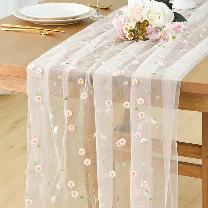 FEXIA Spring Table Runner 10FT Elegant Garden Tea Party Decor Pastel Embroidered Sheer Mesh Floral Gauze Summer Wedding & Easter Party Bridal Shower Living Room Styling Valentine Home Decor
