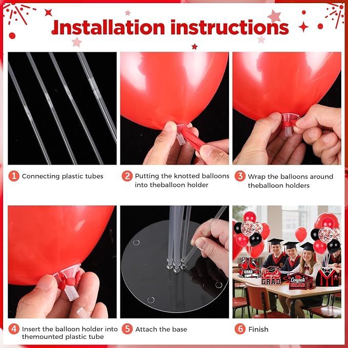 6 Sets Black Red Graduation Balloon Stand Kit for Table Decorations Class of 2025 Congrats Grad Table Centerpiece Grad Prom Themed Decoration for Grad School & College Ceremonies Party Supplies