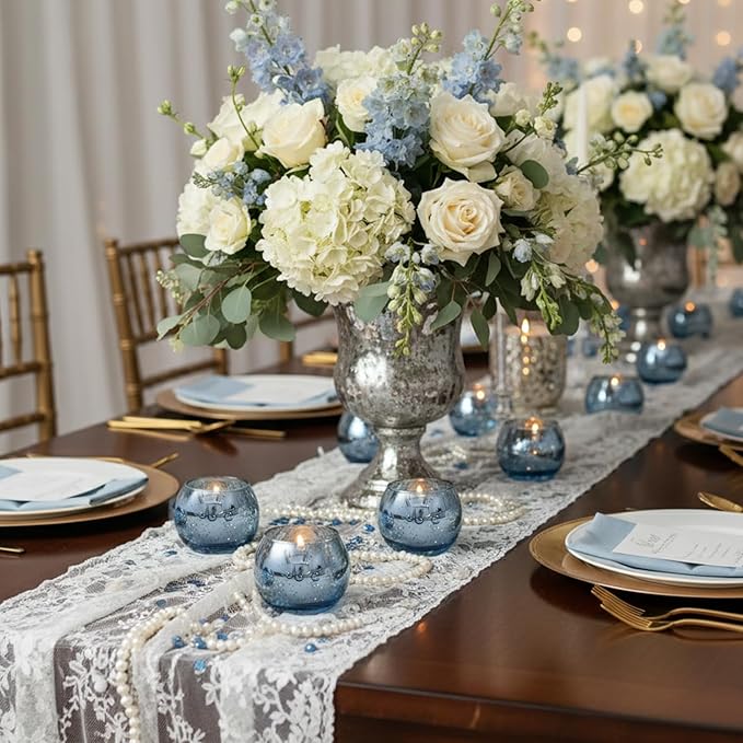 36 Pcs Blue Votive Candle Holders - Mercury Glass Tealight Holders for Dusty Blue Wedding Decor, Centerpiece Table Decorations