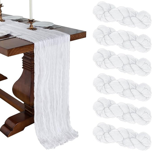 6 Pack 10FT White Cheesecloth Table Runner 120 Inch Long Gauze Rustic Boho Spring Cheese Cloth Table Runner Sheer Fabric Decorations for Holiday Party Wedding Banquet Bridal Baby Shower Décor