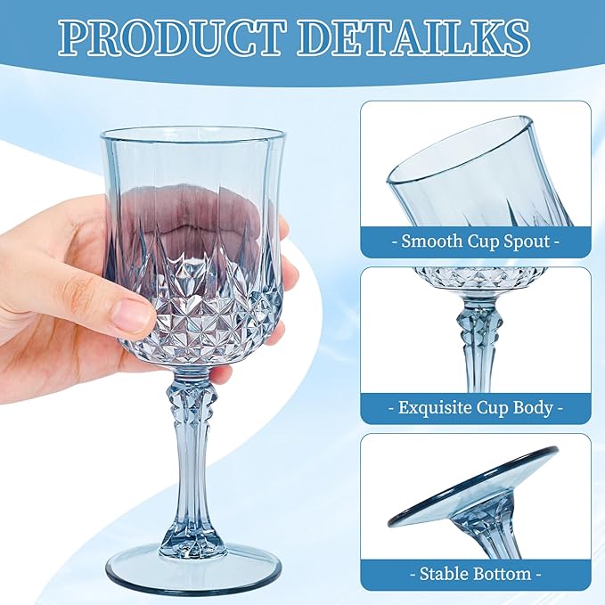 48 Pack Dusty Blue Plastic Wine Glasses, Vintage Plastic Goblets for Parties, Drinking Glasses Unbreakable Glassware Crystal Water Goblets Reusable Drinkware for Wedding Reception Grand Event Party