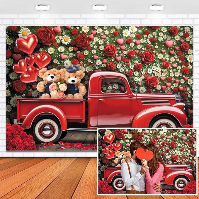 15x8ft Vinyl Red Car Backdrop Valentines Bear Floral Wall Truck Photography Background Wedding Bridal Engagement Party Decorations Studio Props