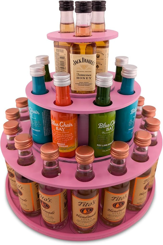 Party Display for Mini Liquor Bottles | 21st Birthday Holiday Celebration Decoration Centerpiece (Three Tier, Pink)