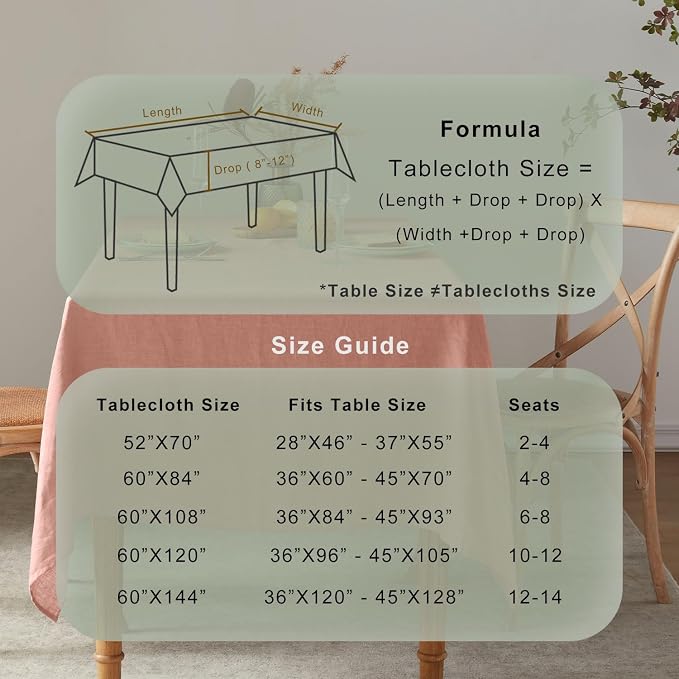 TOSMO 100% French Linen Rectangle Tablecloth, 144LX60W Prewashed Natural Linen Table Cloth for Farmhouse Dining, Buffet Parties, Picnic, Events, Weddings & Restaurants