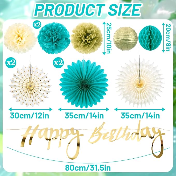 SUNBEAUTY Teal and Gold Party Decorations Teal Birthday Decorations for Women Teal Blue Hanging Paper Fans Tissue Pom Poms Happy Birthday Banner for Baby Showers Wedding Engagement Party